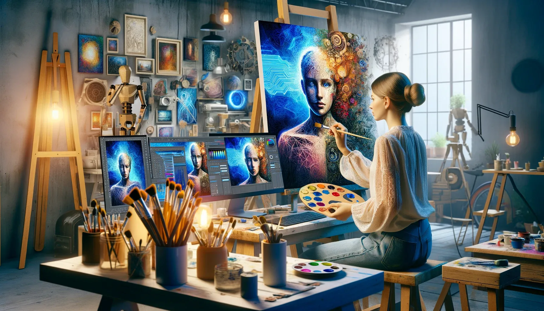 Abstract AI-generated image of a face, a hand, and colorful painted forms