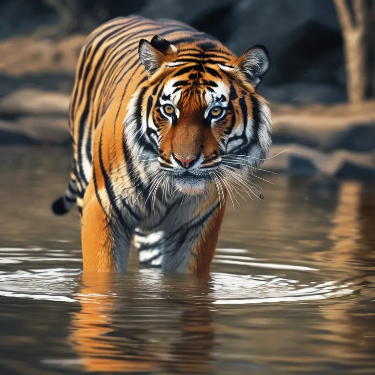 Digital art Bengal tiger wading through a shallow river with reflection on water and intense gaze in its natural habitat