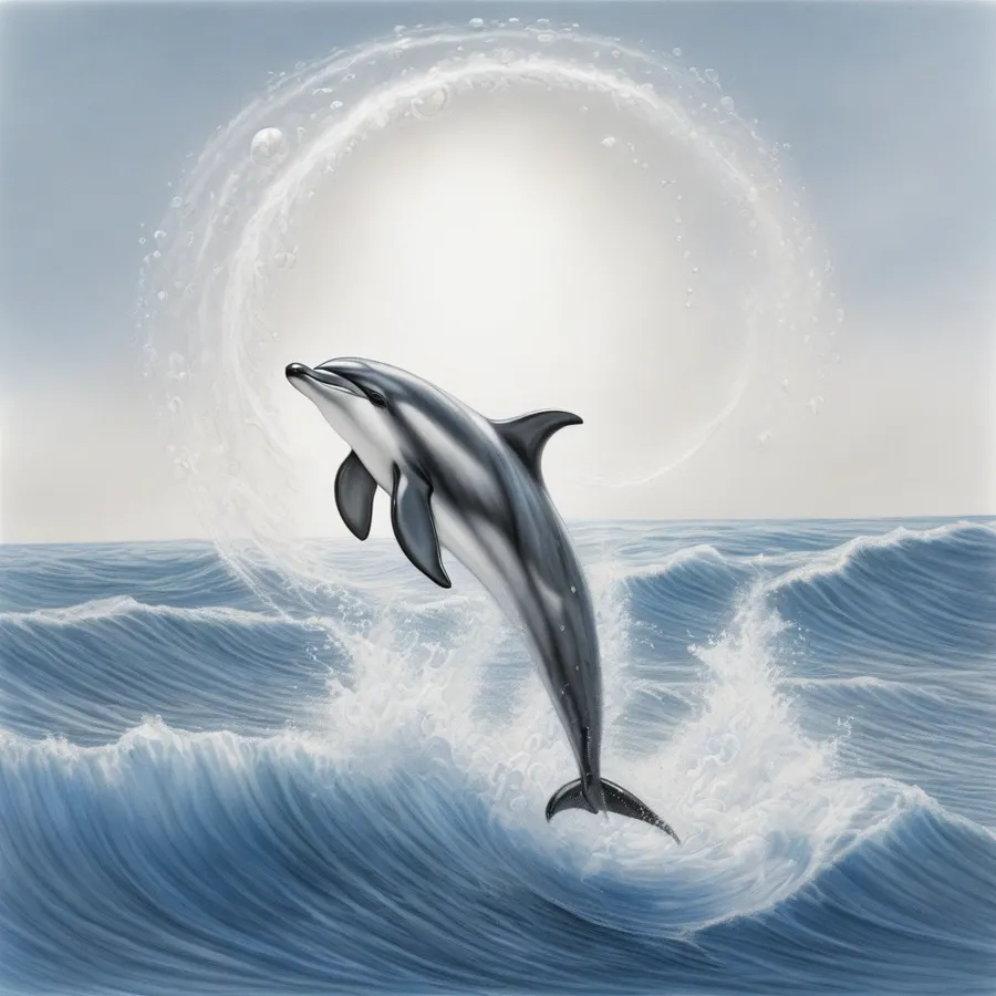 Graphite sketch of a playful dolphin arcing above ocean waves with clear blue sky and rendered water droplets