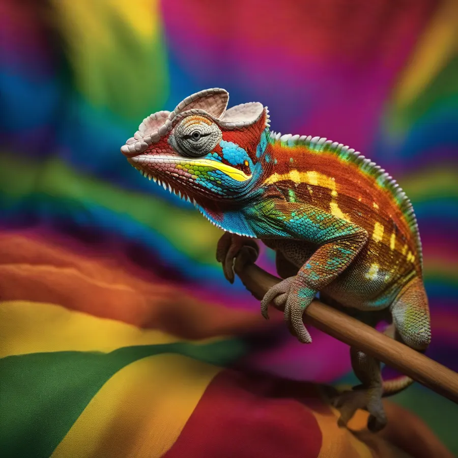 Chameleon mid-color change showing textured skin against a rainbow-colored background