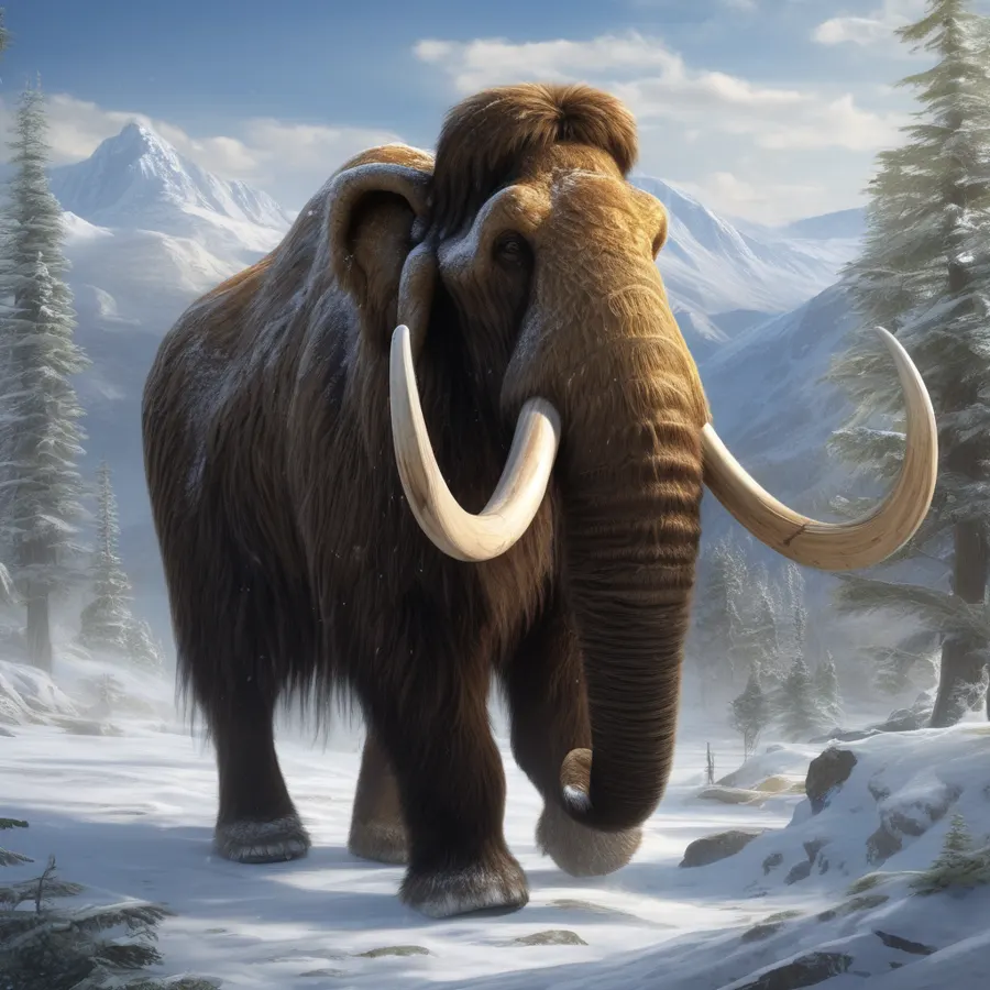 Artistic rendering of a woolly mammoth in a snowy Pleistocene landscape with detailed fur and tusks