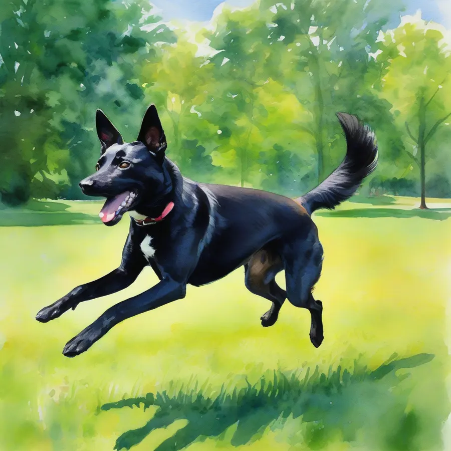 Watercolor illustration of a black colored Carolina Dog mid-leap catching a frisbee in an impressionist-style lush green park