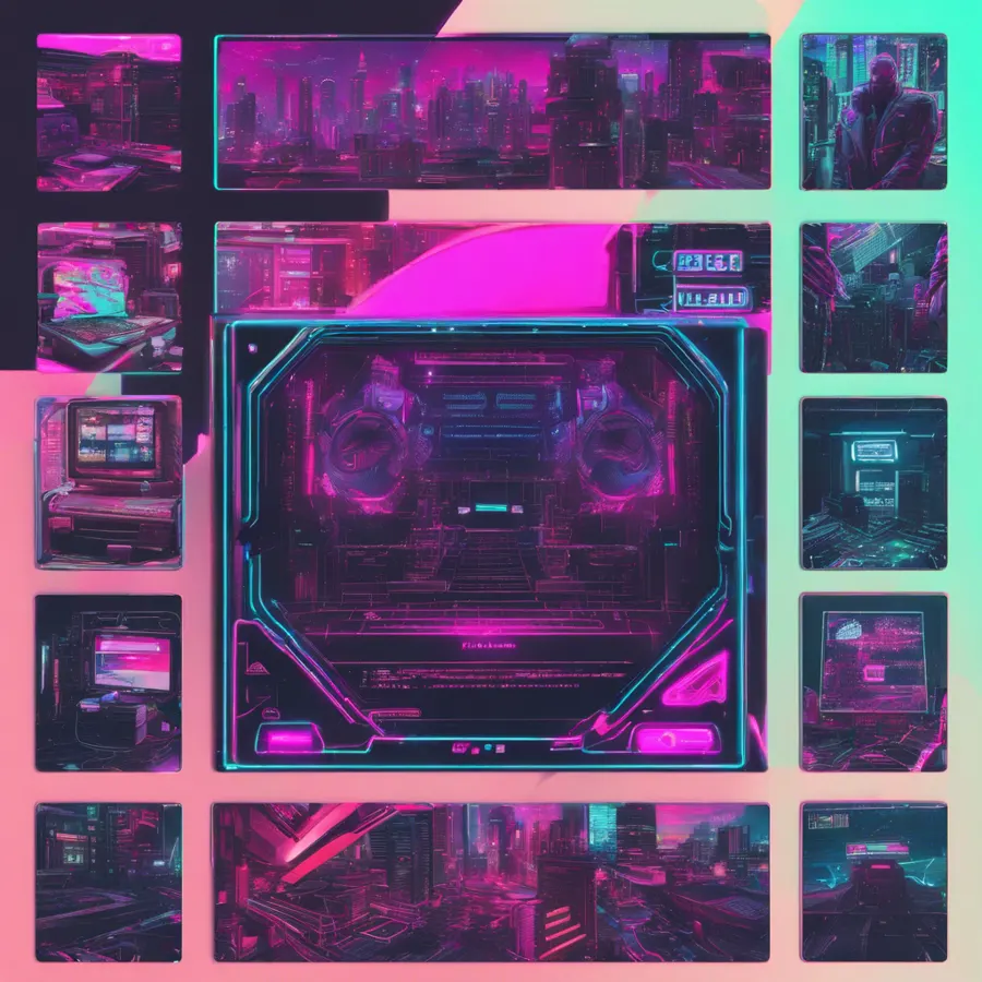 Neon pink and teal sci fi room shown through a grid of panels