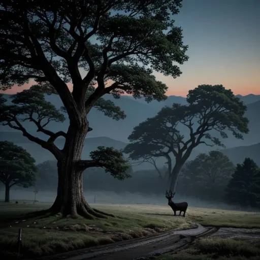 Oak tree at the left of a misty field with deer near the lower right