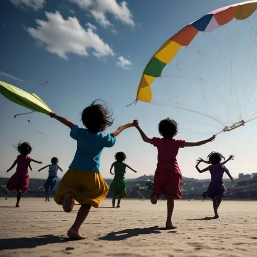 Children running with colorful kites in a bright open field
