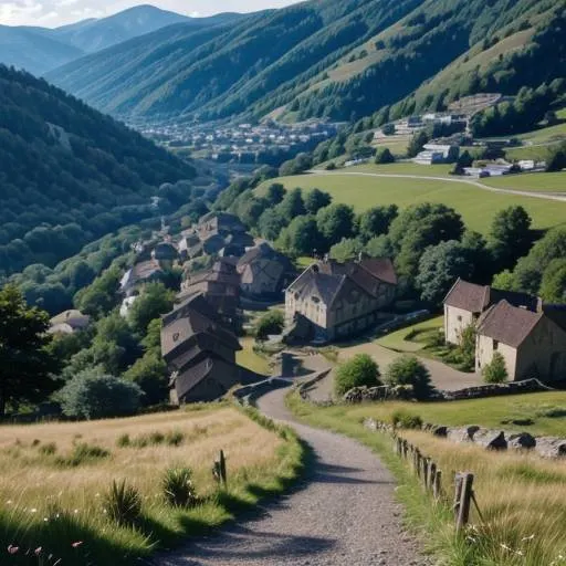 Cobblestone path leading down a valley toward a small village