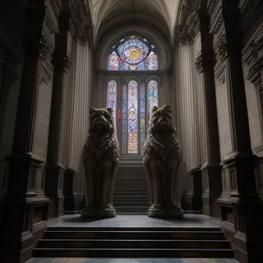 Grand staircase centered between two lion statues under a stained glass window