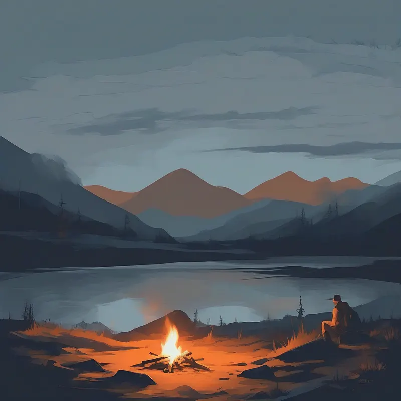 Blue grey landscape with an orange campfire by a lake