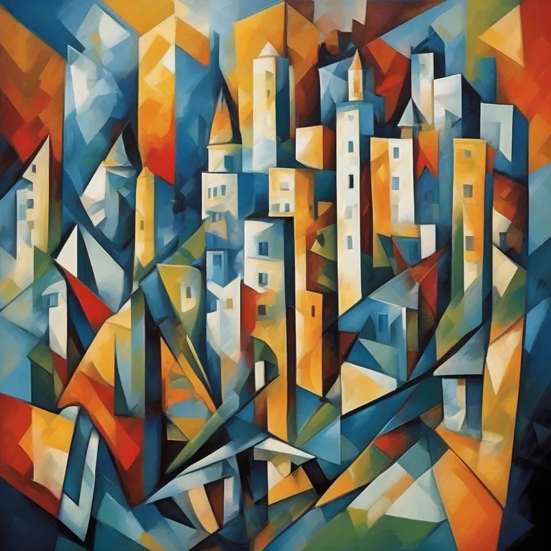 Cubist cityscape built from sharp colored geometric forms