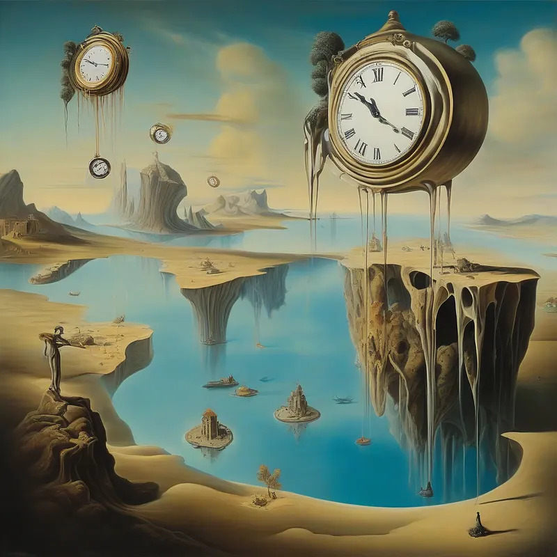 Surreal landscape with floating islands and clocks