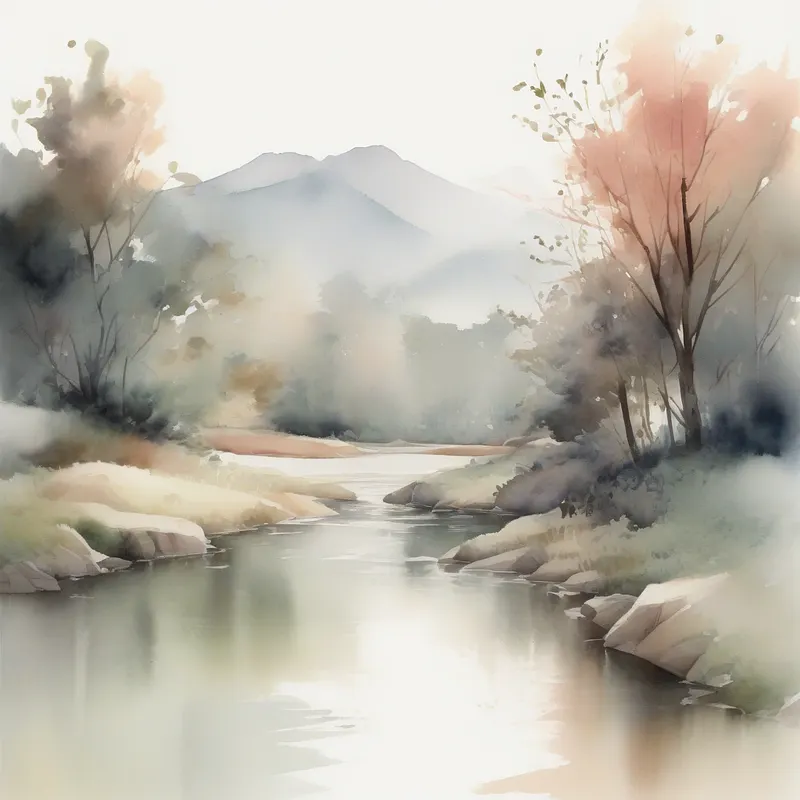 Watercolor landscape with pale trees, soft mountains, and a river