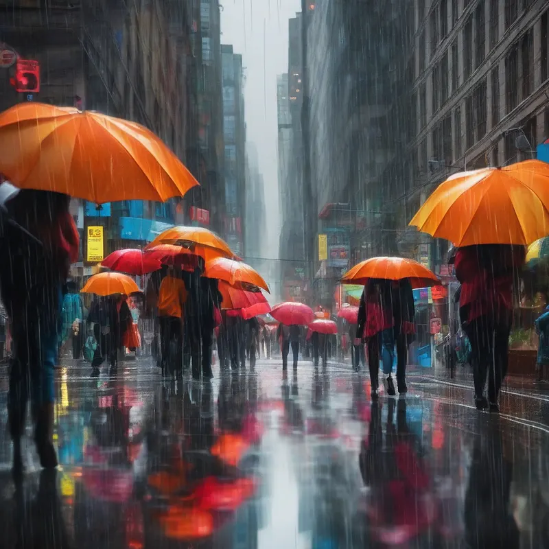 Rainy city street with orange umbrellas reflected on wet pavement