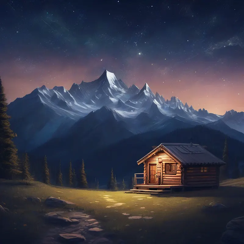 Majestic mountain range under a starry night sky with a small cabin below