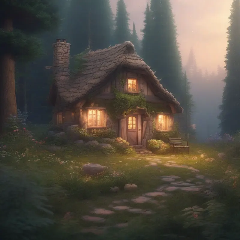 Cozy cottage in a dim forest clearing