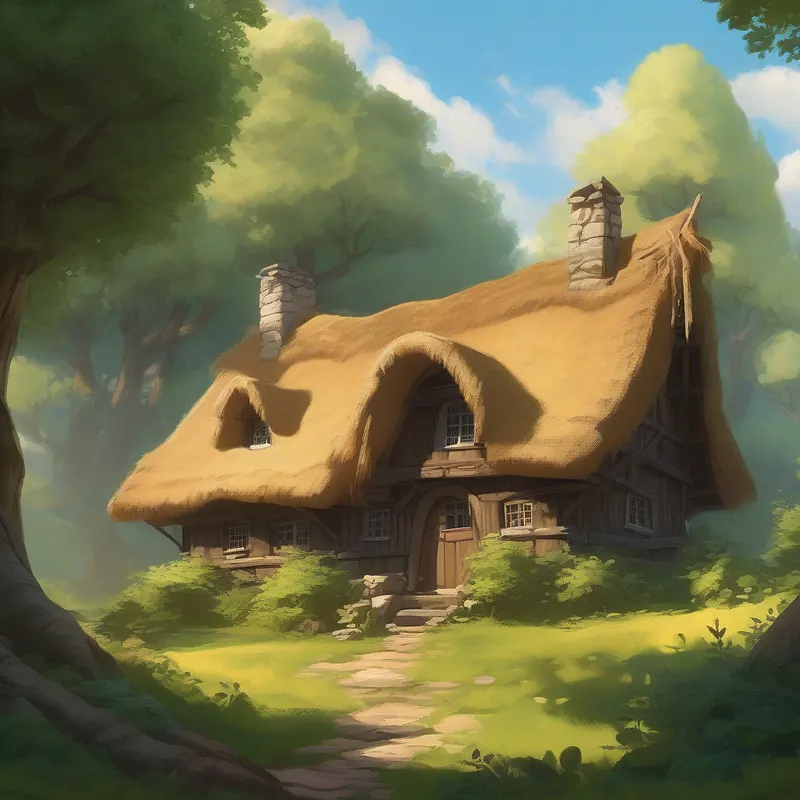 Sunlit thatched cottage surrounded by trees