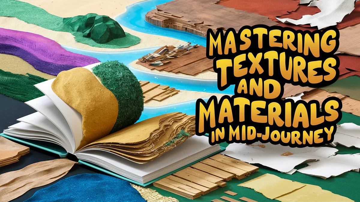 Open book transforming into landscapes made of sand, water, wood, papier-mache, peeling paint, and other materials