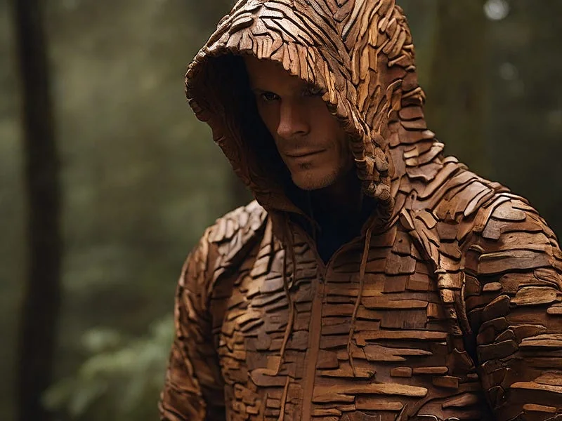 Bark texture prompt example, A man wearing a hoodie made of tree bark