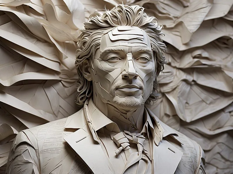Paper texture prompt example, sculpture of a man, (made out of paper), high resolution, ((high fidelity)), detailed texture, photo