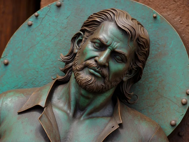 Patina on Copper texture prompt example, sculpture of a man, (patina on copper), high resolution, ((high fidelity)), detailed texture, photo