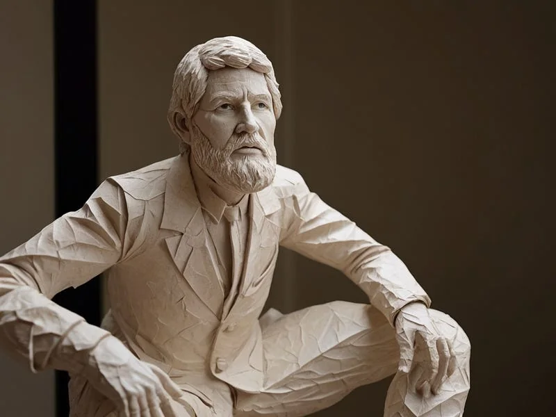 Papier-Mâché texture prompt example, A sculpture made out of papier mache, depicting a man, high resolution, high fidelity:1.1, detailed texture, photo