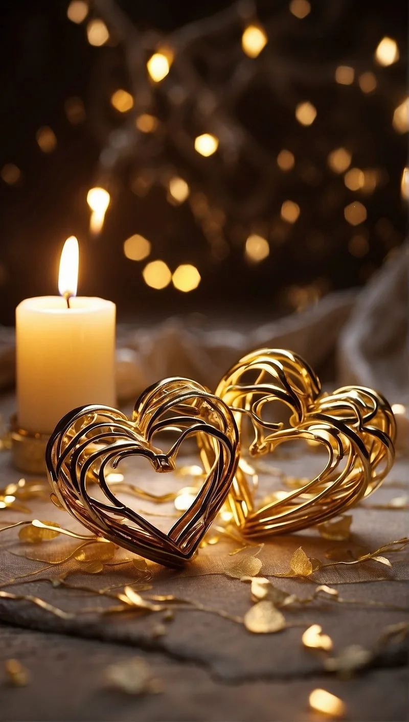 “Romantic hearts intertwined with golden threads, shimmering under soft candlelight.”