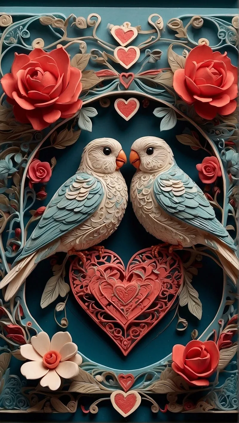 “A card with an intricate mandala design incorporating hearts and lovebirds.”