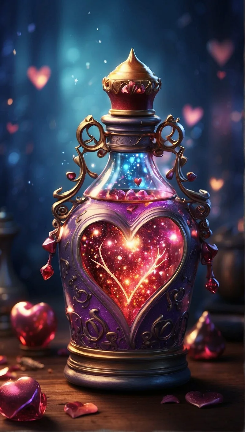 “A card featuring a love potion bottle with hearts and sparkles, in a magical theme.”