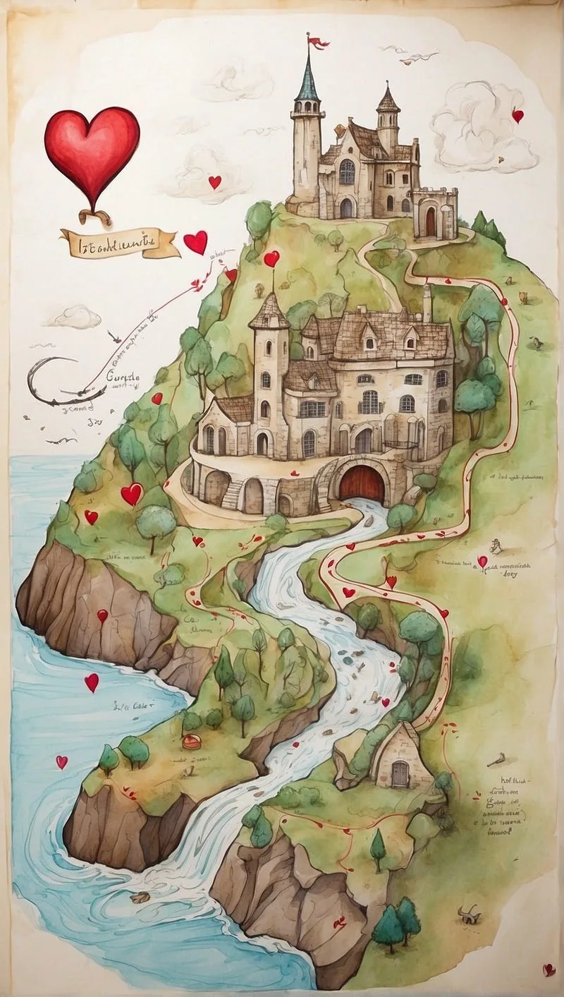 “A hand-drawn map of a couple’s special places, with a trail of hearts leading to a treasure.”