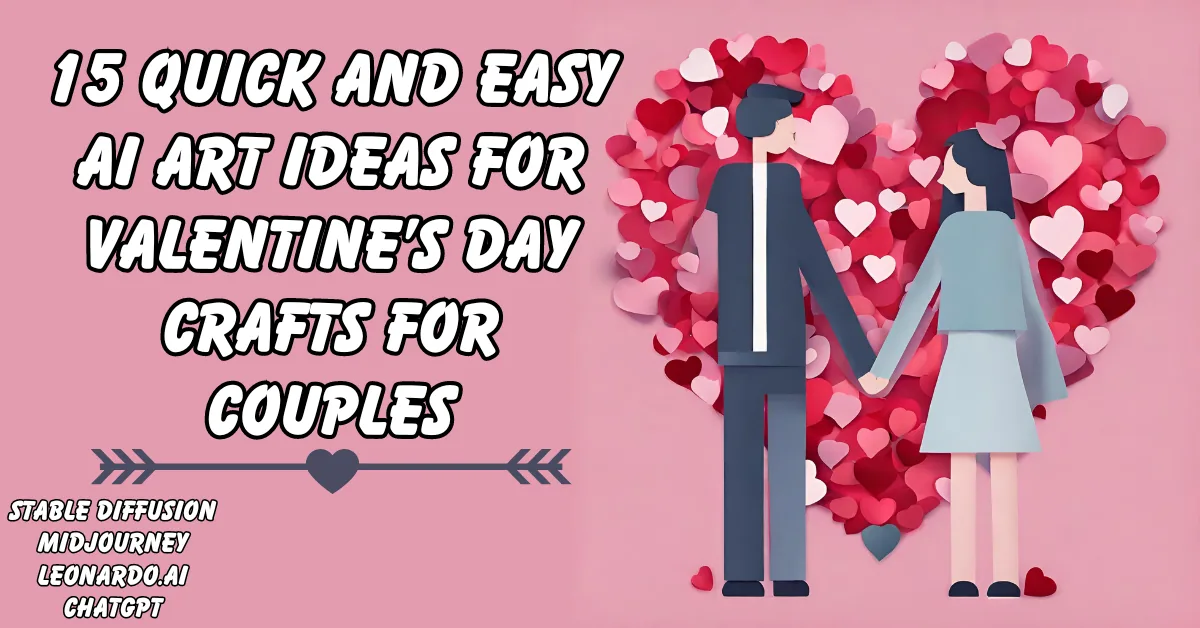 Banner for “15 Quick and Easy AI Art Ideas for Valentine’s Day Crafts for couples” A Design full of hearts making a larger heart, a couple in love, Cupid Arrow, MidJourney, Stable Diffusion, ChatGPT
