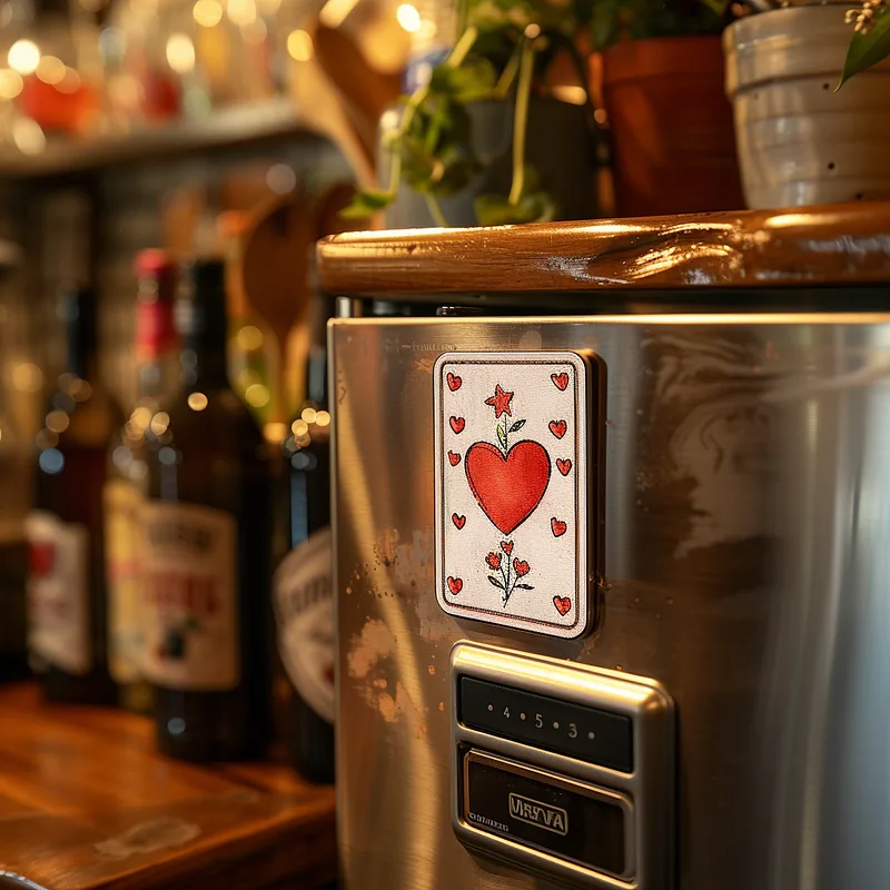 Mockup photo, a thin rectangle-shaped magnet with vector art valentines day visuals printed on it, placed on the side of a fridge &mdash; s 750 &mdash; v 6.0