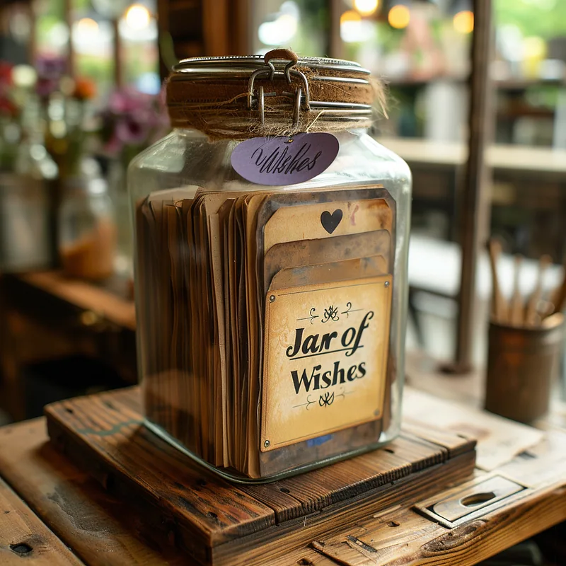 photo mockup of Label Designs for a “Jar of Wishes” with papers inside of various date ideas or love messages, valentine’s day